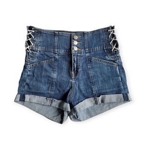 High Waist Denim Shorts With Lace-up Detail Blue Small